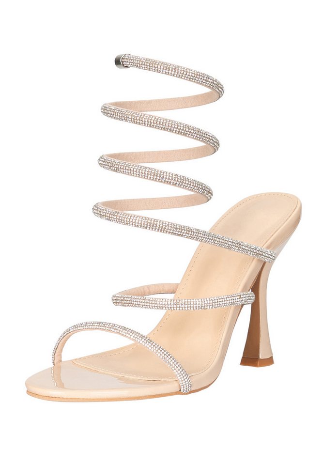 Day Vine Damen High Heels Sandaletten mit Strass & Wickelriemen Elegant Sandalette (beige)