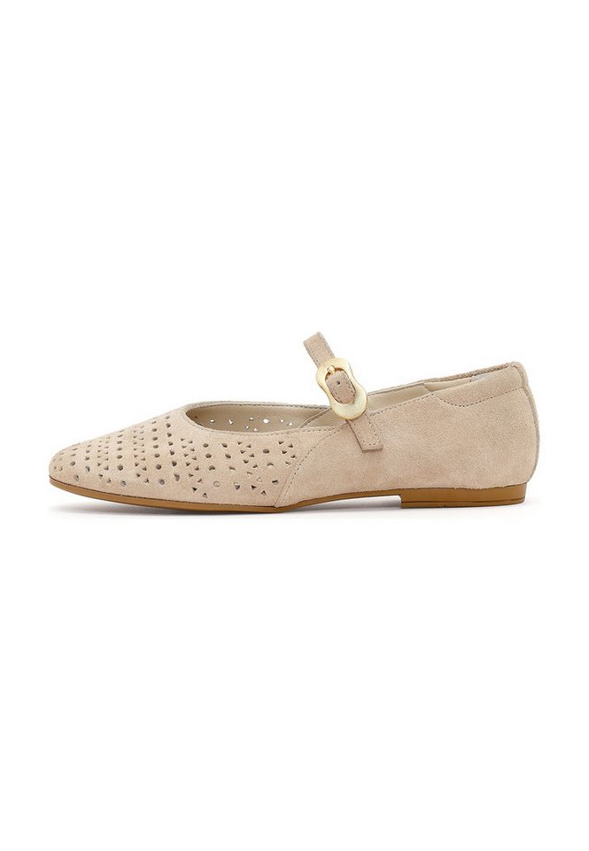 Derimod Ballerinas aus Veloursleder Ballerina Echtes Wildleder, Lederfutter, Mary Jane Riemen, Perforiertes Design