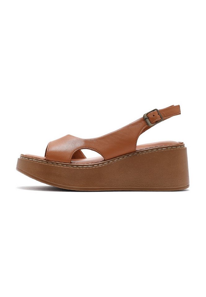 Derimod Keilabsatz-Sandalen aus Leder Sandale Echtes Leder, Lederkomfort, Schnallenverschluss, Plateau-Design (braun)