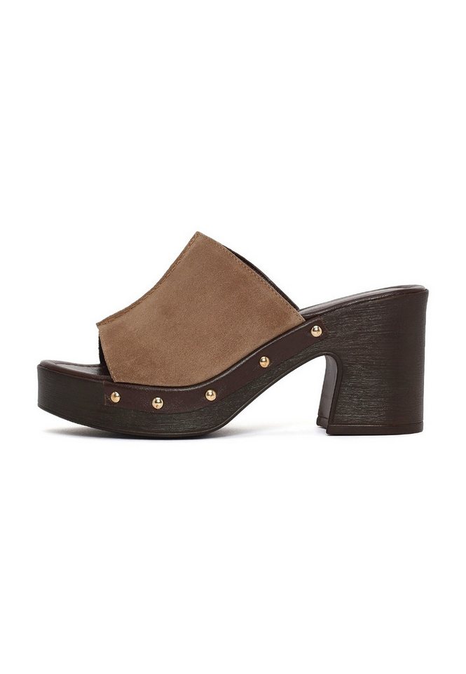 Derimod Pantoletten mit hohem Absatz aus Veloursleder Mules Echtes Leder, TPU-Sohle, Slip-On-Stil, Plateauabsatz, Nietenakzent (braun)