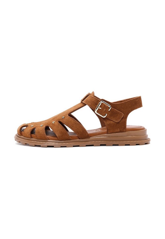 Derimod Sandalen aus Veloursleder Sandale Echtes Wildleder, Lederfutter, Knöchelschnalle, Nieten-Details (braun)