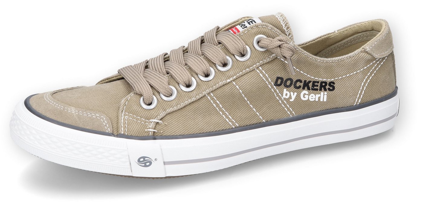 Dockers by Gerli Slip-On Sneaker, Freizeitschuh, Retro Sneaker, Fake Schnürung, in cooler Jeansoptik (beige)