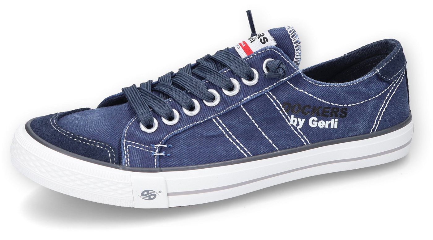 Dockers by Gerli Slip-On Sneaker, Freizeitschuh, Retro Sneaker, Fake Schnürung, in cooler Jeansoptik (blau)