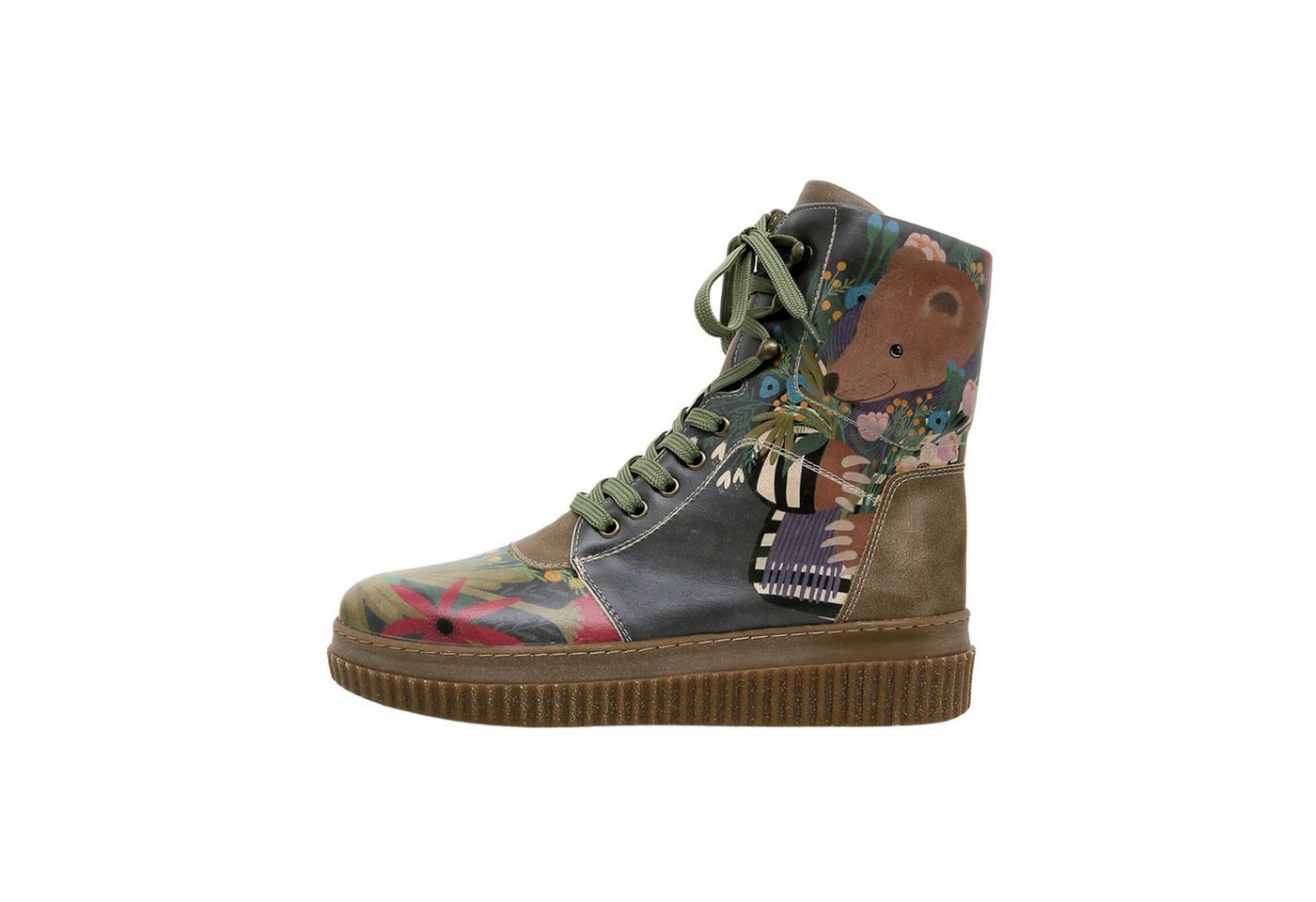 DOGO Future High Top Boots Bear And Flowers Damen Stiefeletten Schnürboots Handgefertigt