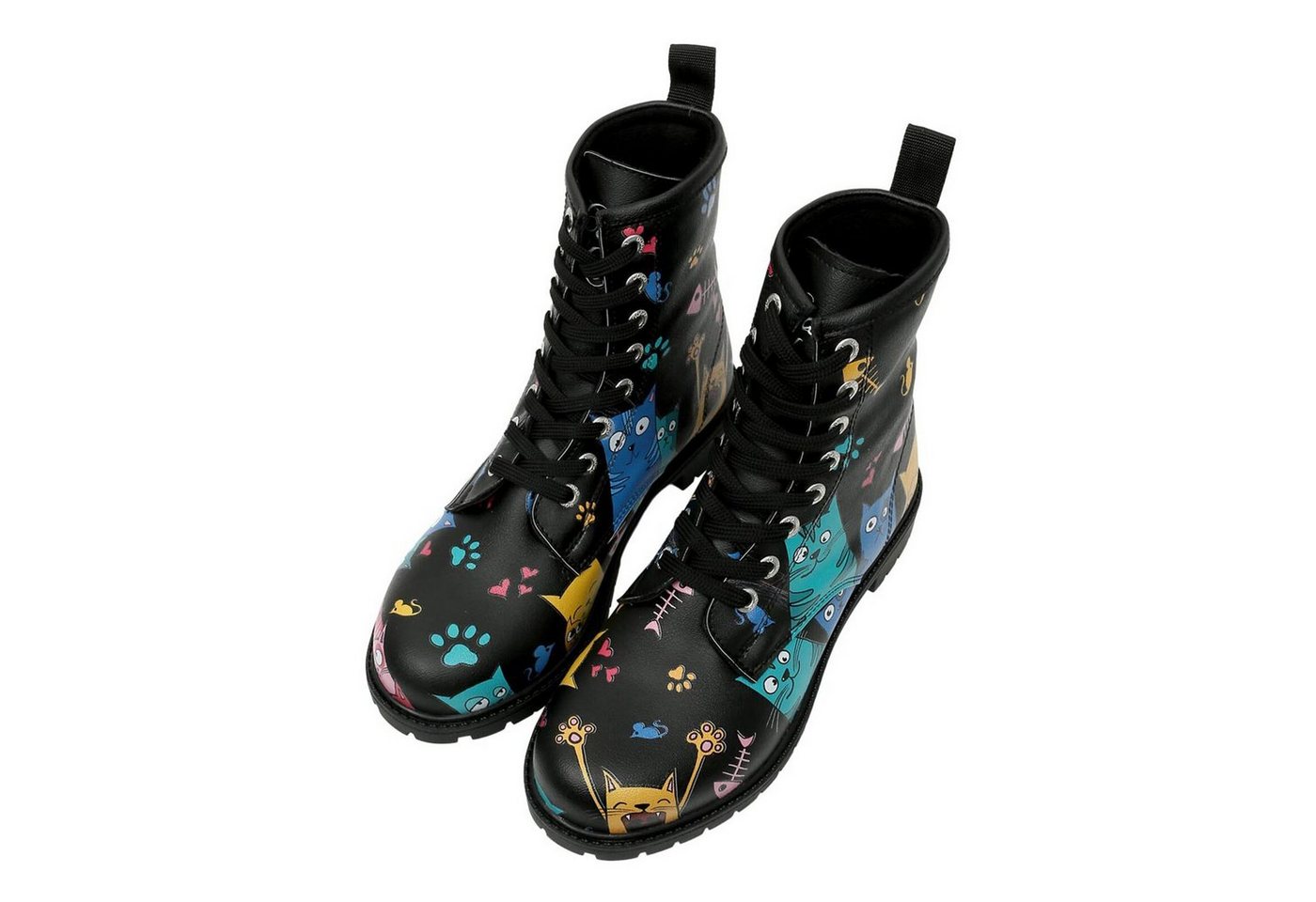 DOGO Long Boots Schnürstiefel Cat Lovers Black Damen Stiefeletten, Schnürboots Handgefertigt