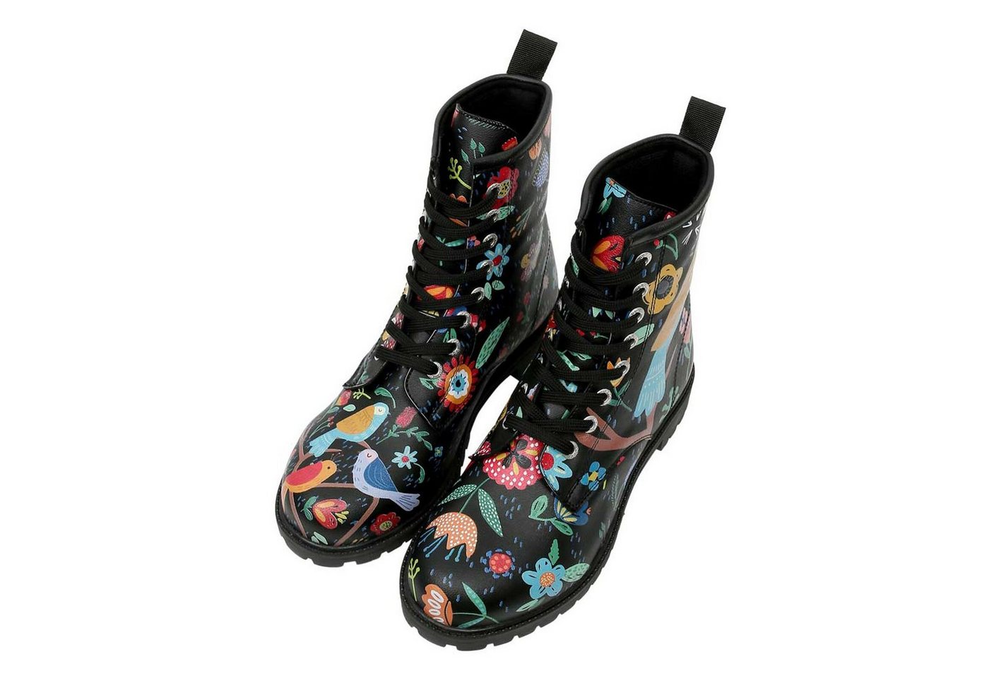 DOGO Long Boots Schnürstiefel Flower & Birds Black Damen Schnürboots Handgefertigt