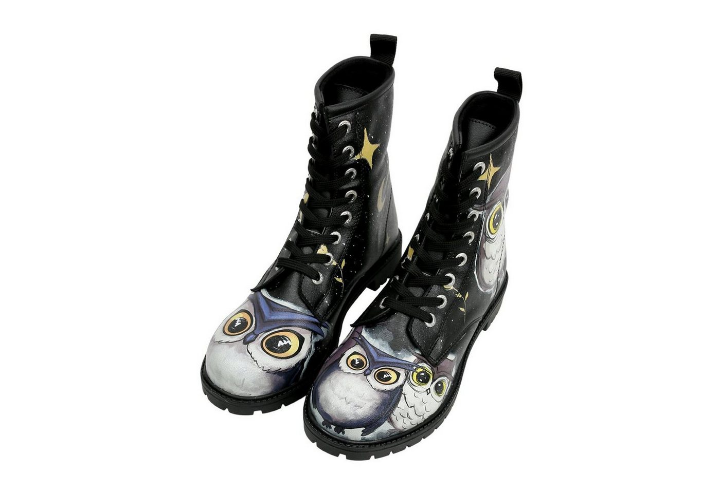 DOGO Long Boots Schnürstiefel Owls Family Black Damen Stiefeletten, Schnürboots Handgefertigt