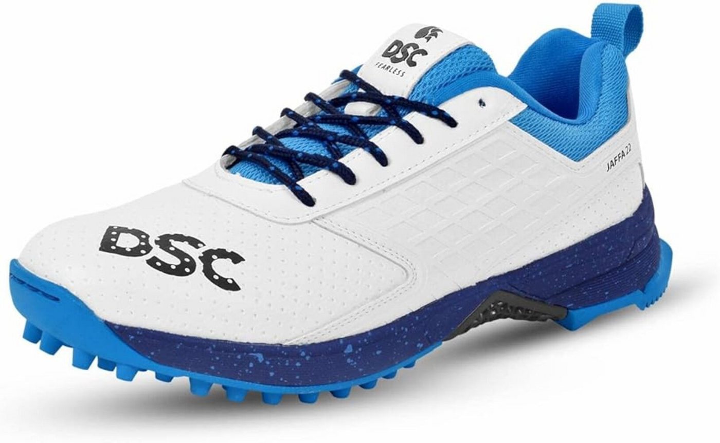 DSC Jaffa 22 Cricket-Schuhe Für Jungen und Männer Schuhe, Sportschuhe Sneaker (Paketinhalt: 1 Paar Cricket-Schuhe, hochwertigen EVA, Zwischensohle und Einlegesohle, Gummi Spike Sport) Geringes Gewicht, geprägtes Design (weiß/blau)