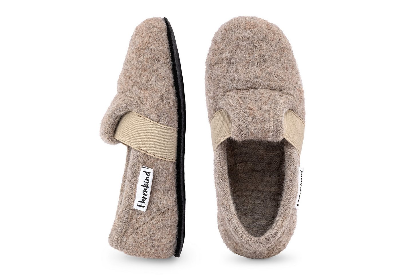 Ehrenkind Gemütliche, flache Kinder-Hausschuhe aus reiner Schurwolle Hüttenschuhe (atmungsaktiv & temperaturregulierend, rutschfest, Beige) ideal für Kindergarten, Schule und zu Hause