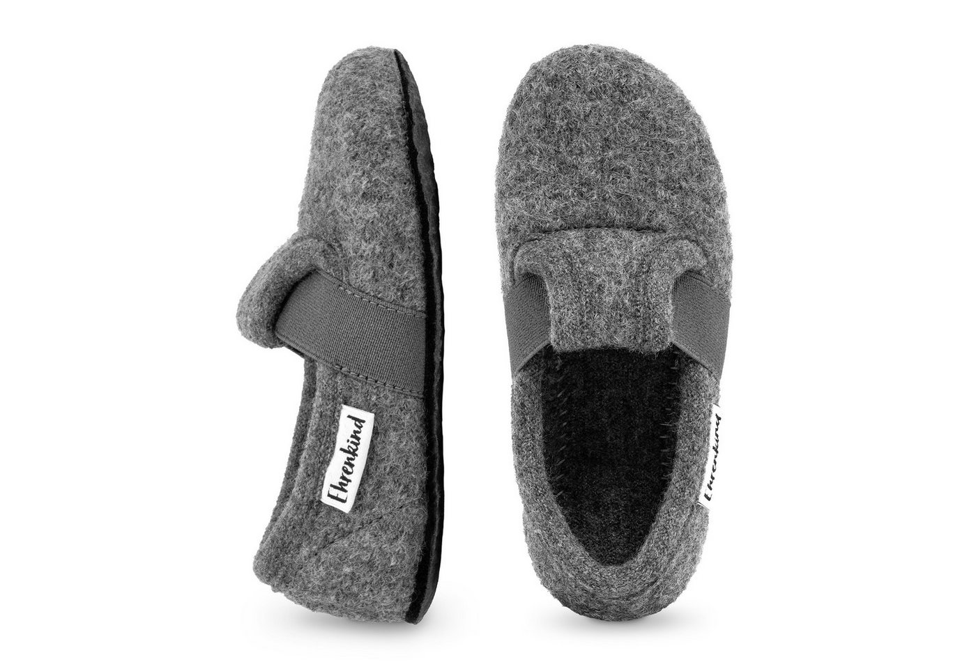 Ehrenkind Gemütliche, flache Kinder-Hausschuhe aus reiner Schurwolle Hüttenschuhe (atmungsaktiv & temperaturregulierend, rutschfest, Grau) ideal für Kindergarten, Schule und zu Hause
