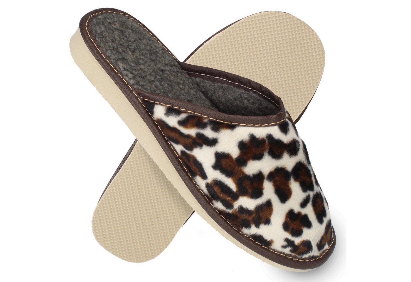 filsko Breda Damen Hausschuh (1 Paar, Leicht profilierte EVA Sohle) Leoparden-Muster, Felloptik, gefüttert