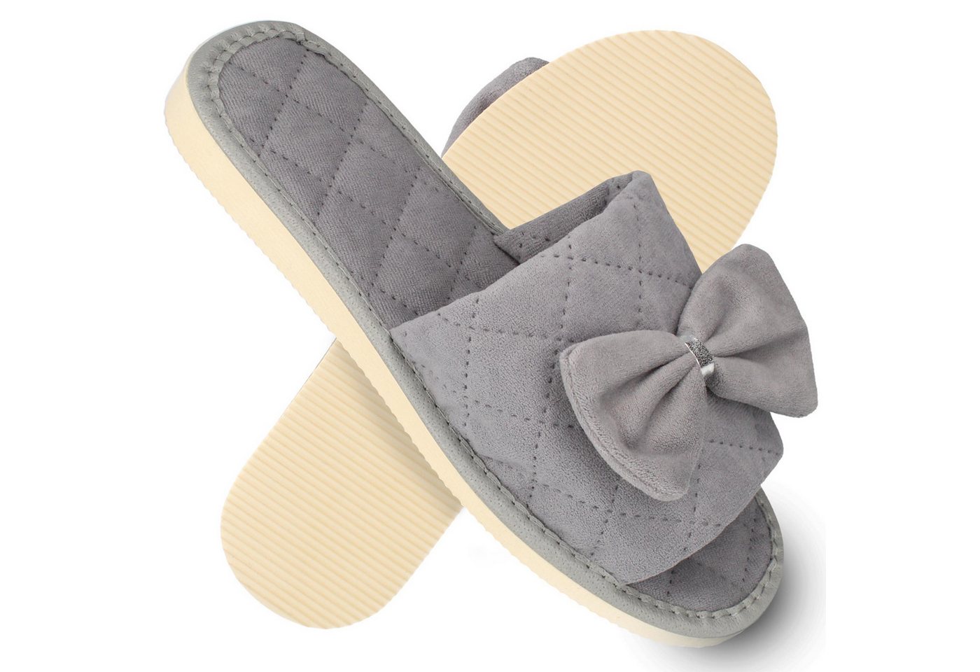 filsko Caudry Damen Hausschuh Schleife, Steppmuster, Samt-Optik