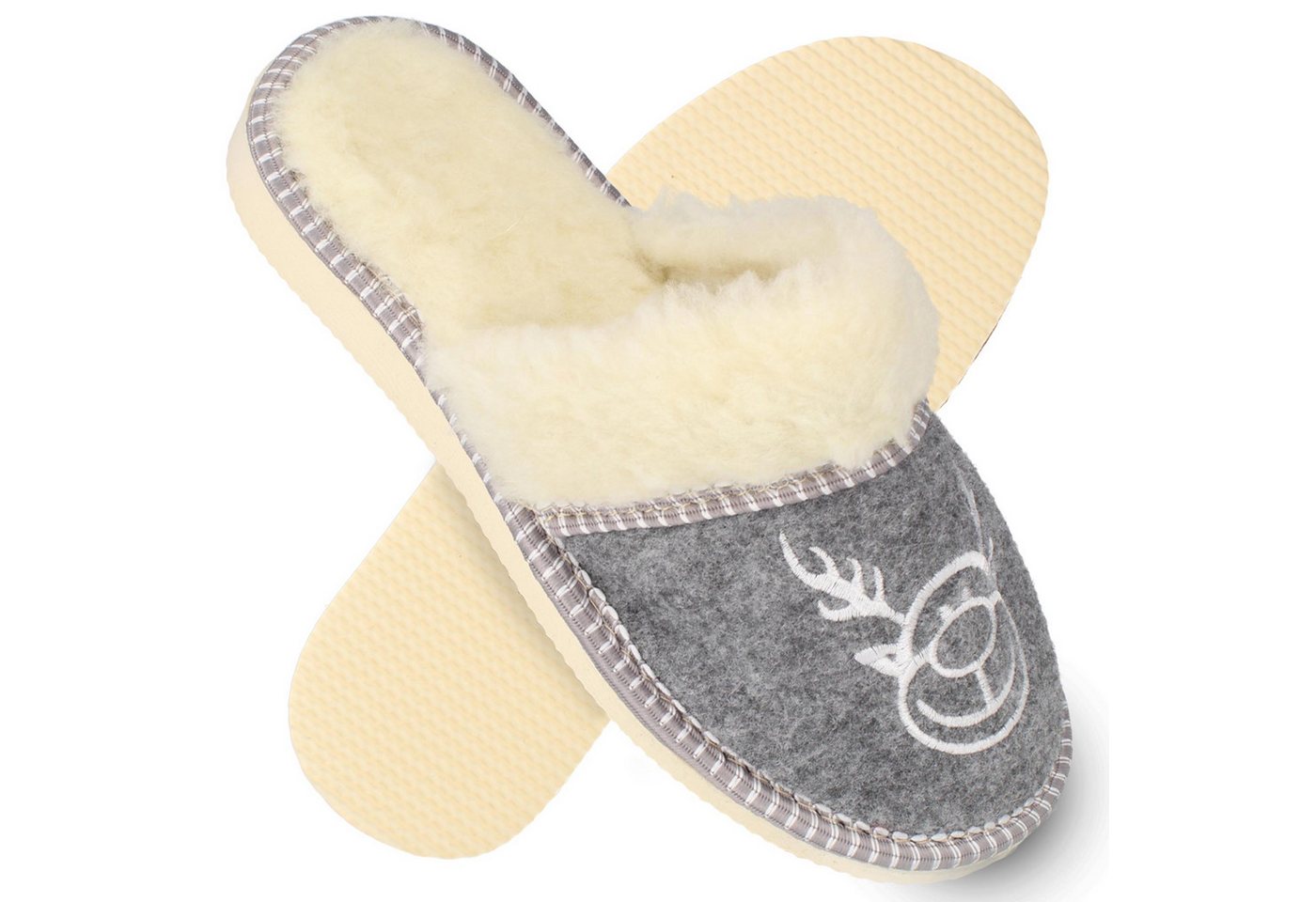 filsko Elche Damen Hausschuh (1 Paar, Winter-Design, Wärmeisolierend, Gefüttert) mit Elch-Stickerei, grau, Easy-Filz