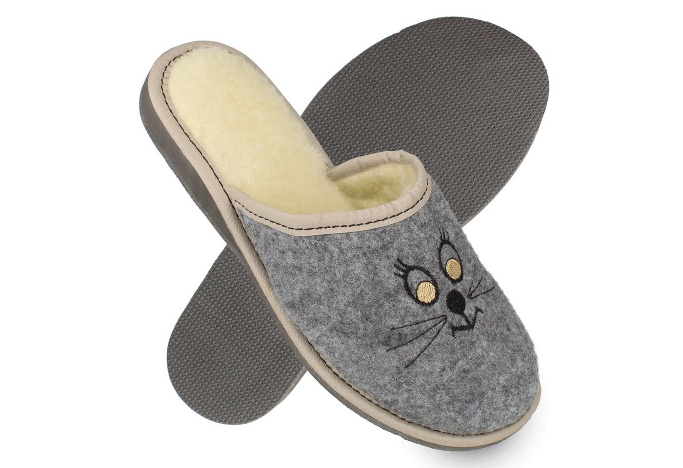 filsko Holmsund Damen Hausschuh Katzen Hausschuhe, Katzengesicht, Filzhausschuhe, Slip-On, Open-Toe