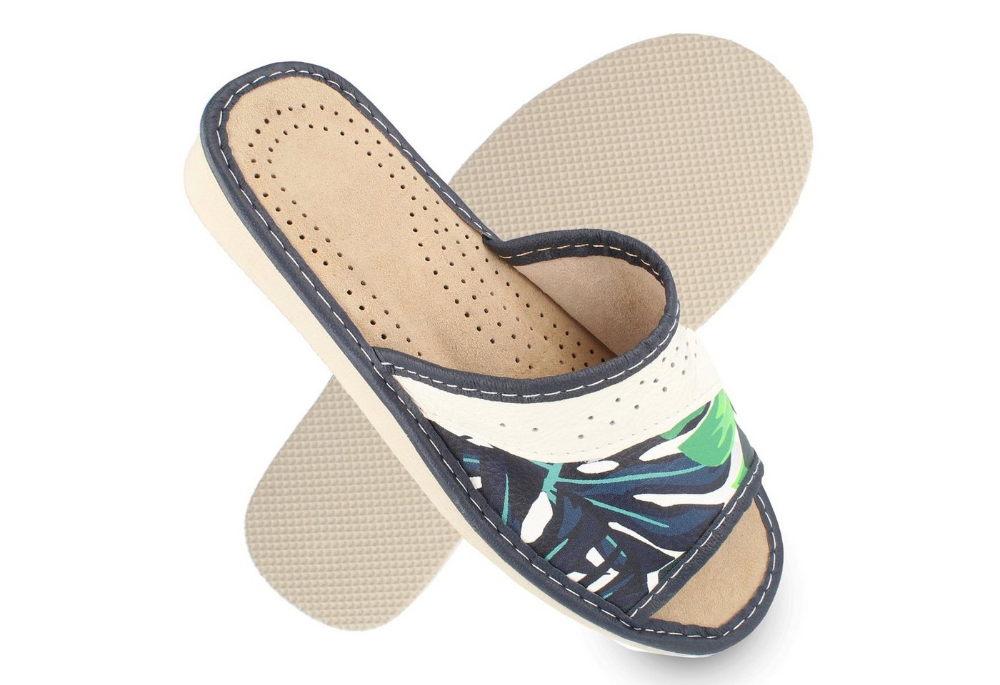 filsko Karvia Damen Hausschuh offen Sommer Leder Blumen Muster Hausschuh