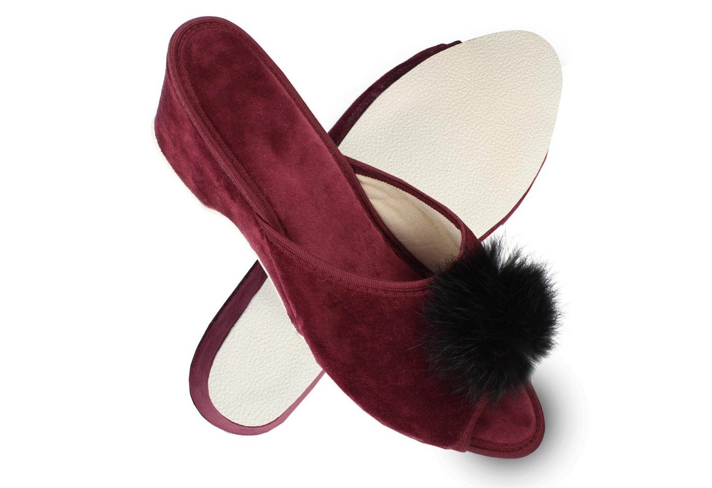 filsko Latina Elegante Samt Pantoffeln für Damen mit Puschel Hausschuh