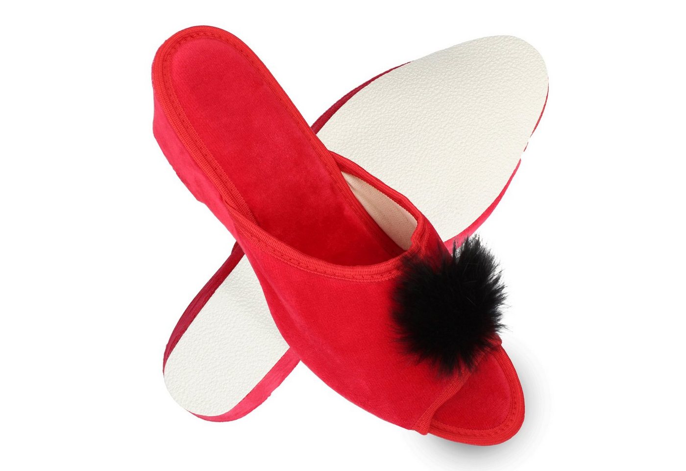 filsko Latina Elegante Samt Pantoffeln für Damen mit Puschel Hausschuh