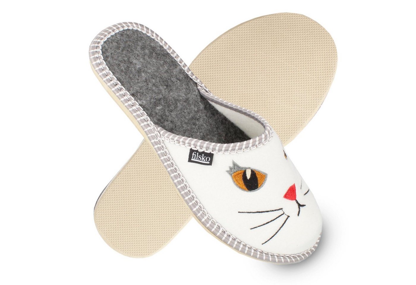 filsko Litton Damen Hausschuh Pantolette mit Katzenaugen, weißer Filz, gefüttert, ungefüttert