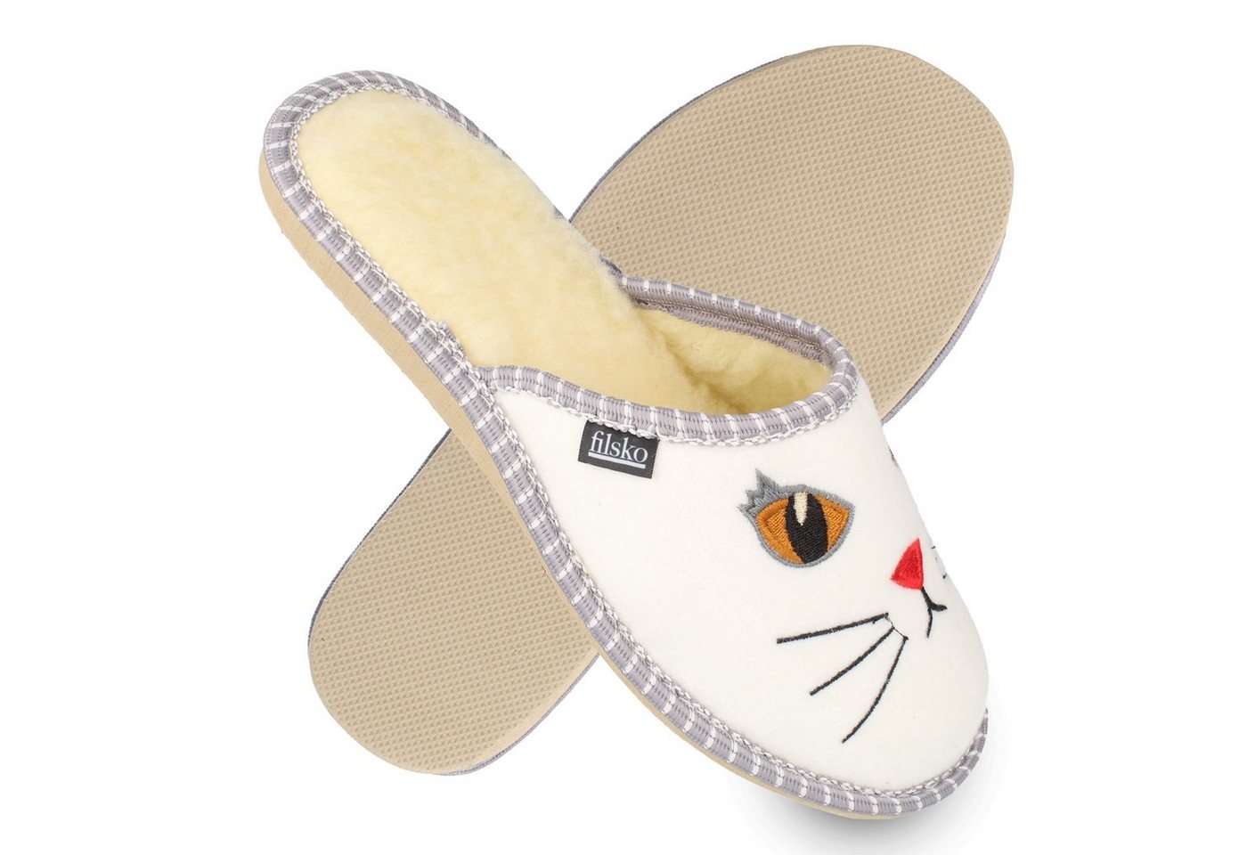 filsko Litton Damen Hausschuh Pantolette mit Katzenaugen, weißer Filz, gefüttert, ungefüttert