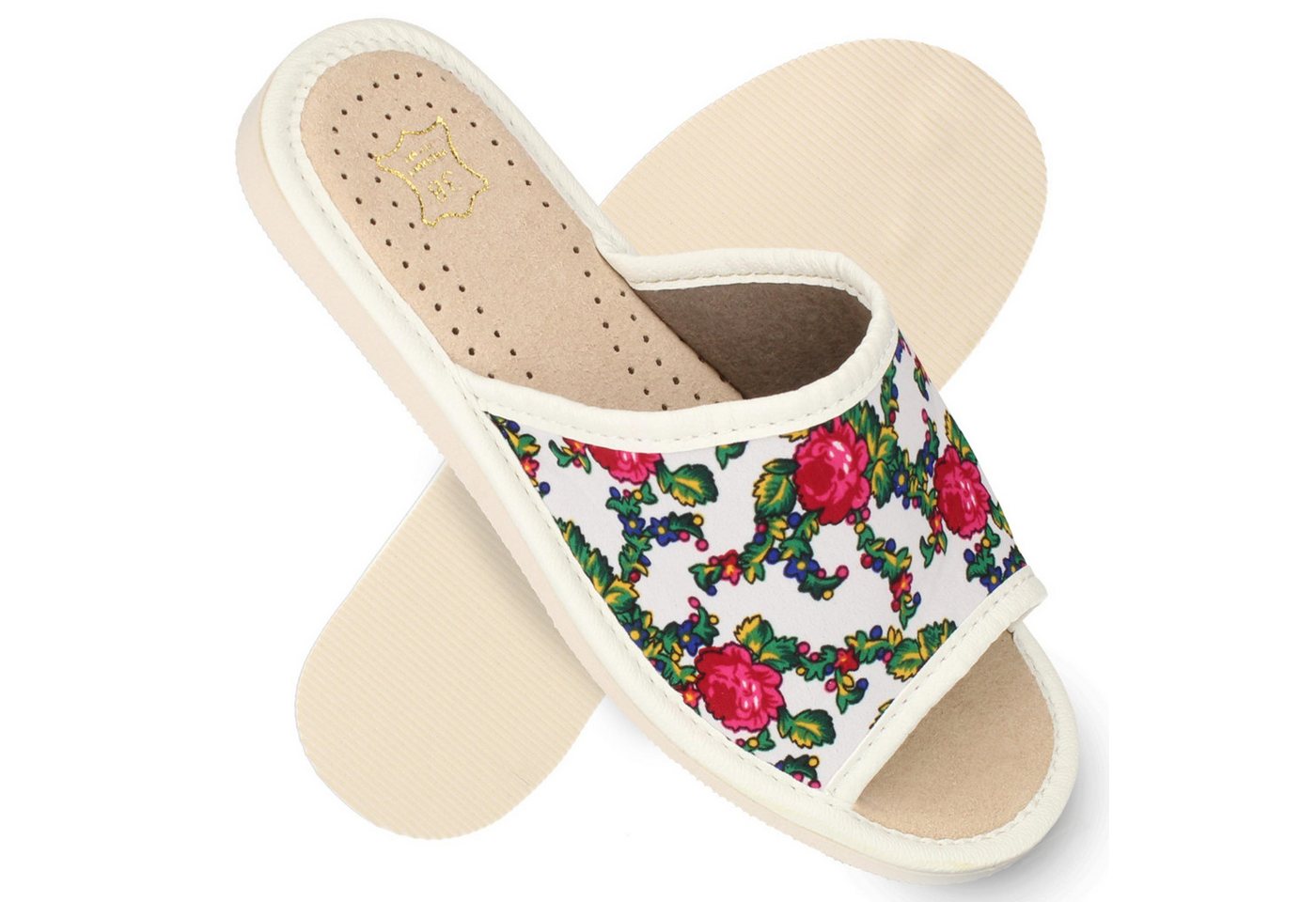 filsko Lorient Damen Hausschuh Retro-Blumenmuster, Slip-On (weiß)