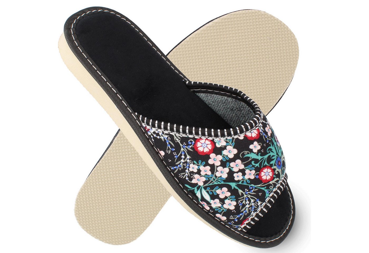 filsko Malmedy offene Damen Hausschuh mit Blumenmotiv, offene Slipper, Open-Toe