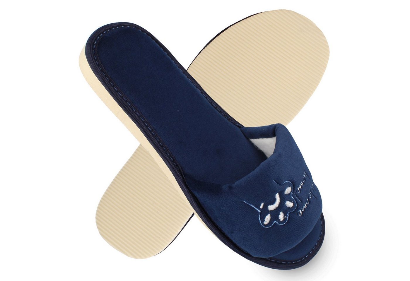 filsko Masku Damen Pantolette mit Katzen & Welcome Home Stickerei, offene Samt-Hausschuhe (blau)