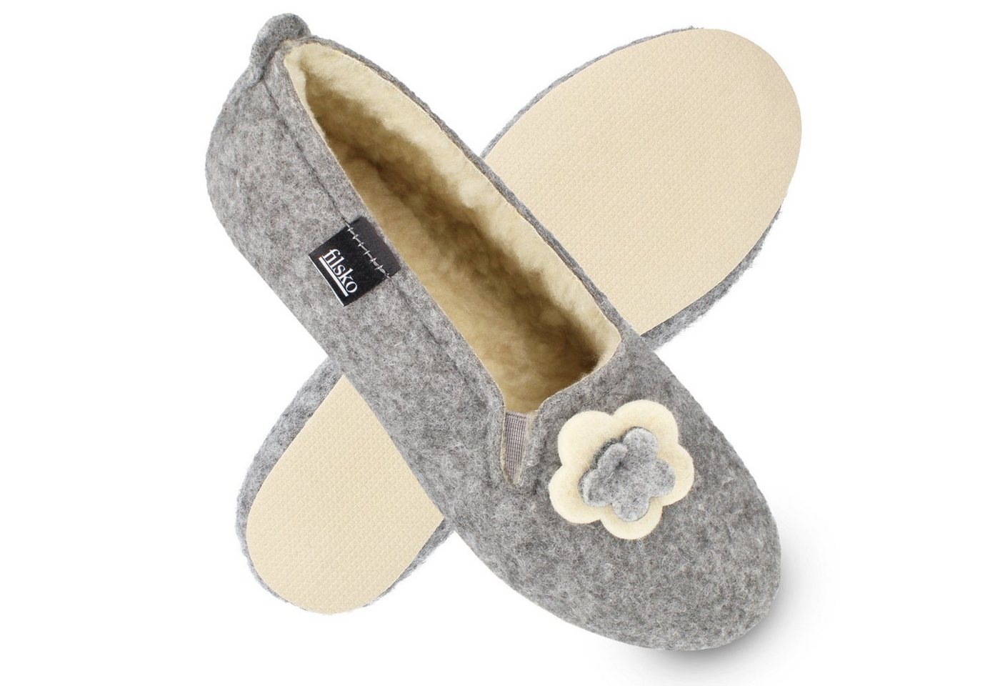filsko Matka Damen Ballerina Hausschuhe Slipper mit Schafwolle gefüttert, zum Schlupfen, Blumen-/ Knopf-Applikation