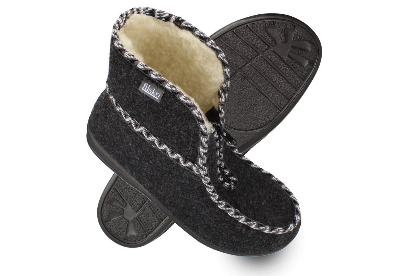 filsko Medle Damen Winter Hüttenschuhe mit Reißverschluss Hausschuh mit Schafwolle gefüttert