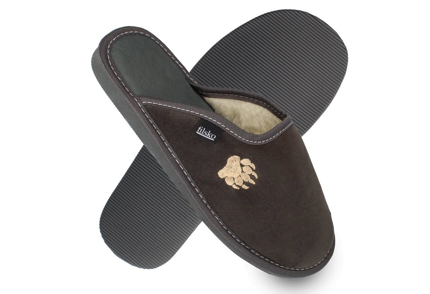 filsko Skagen Herren Hausschuh weiches Veloursleder mit Schafwolle gefüttert, Tatzen Stickerei