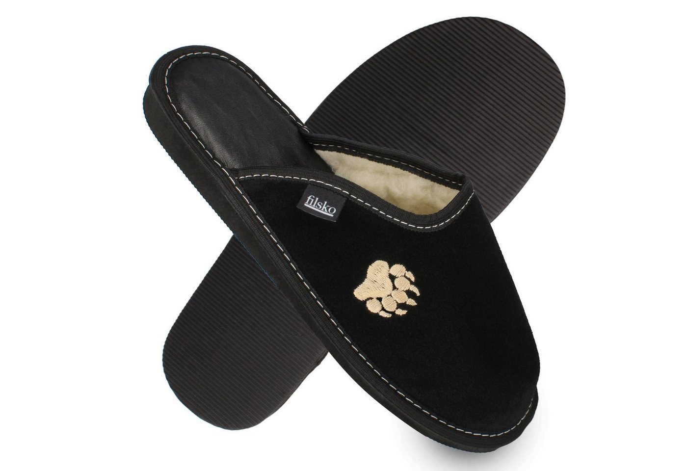 filsko Skagen Herren Hausschuh weiches Veloursleder mit Schafwolle gefüttert, Tatzen Stickerei