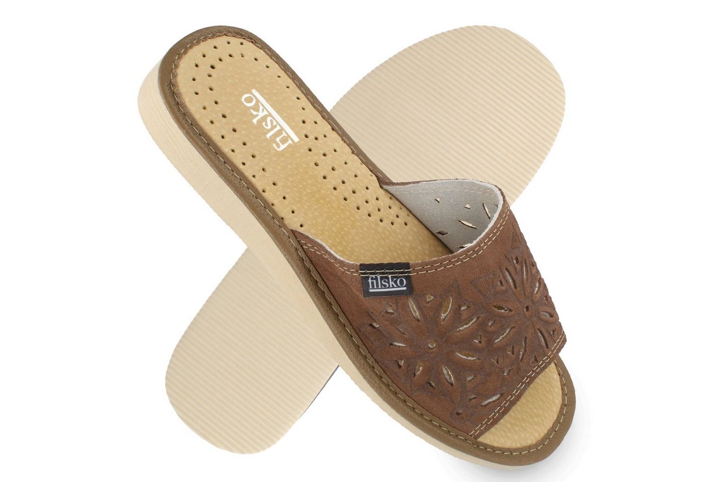 filsko Zafra Damen Hausschuh Veloursleder mit Blumenmuster, offene Pantoletten, Slip-On