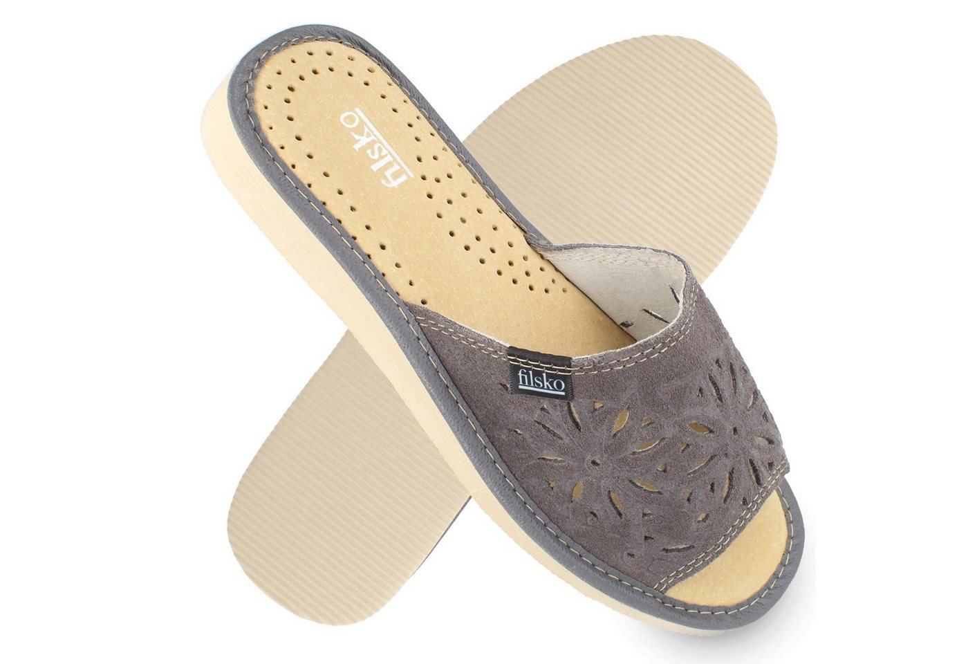 filsko Zafra Damen Hausschuh Veloursleder mit Blumenmuster, offene Pantoletten, Slip-On