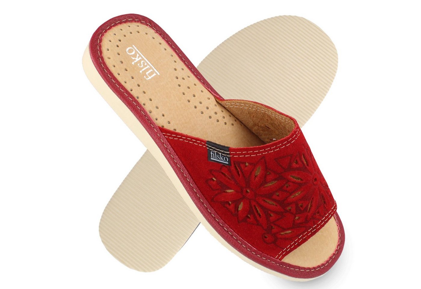 filsko Zafra Damen Hausschuh Veloursleder mit Blumenmuster, offene Pantoletten, Slip-On