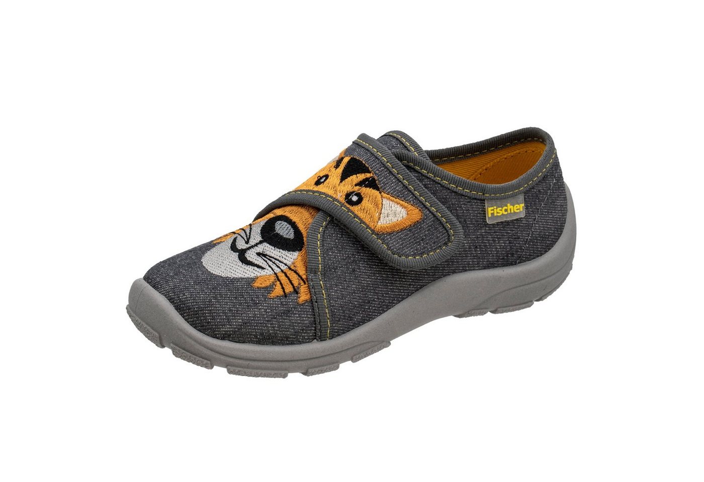 Fischer-Markenschuh Danny Hausschuh aus Baumwollstoff, mit Frotteefutter, gepolstertes Fußbett, Tigerkopf