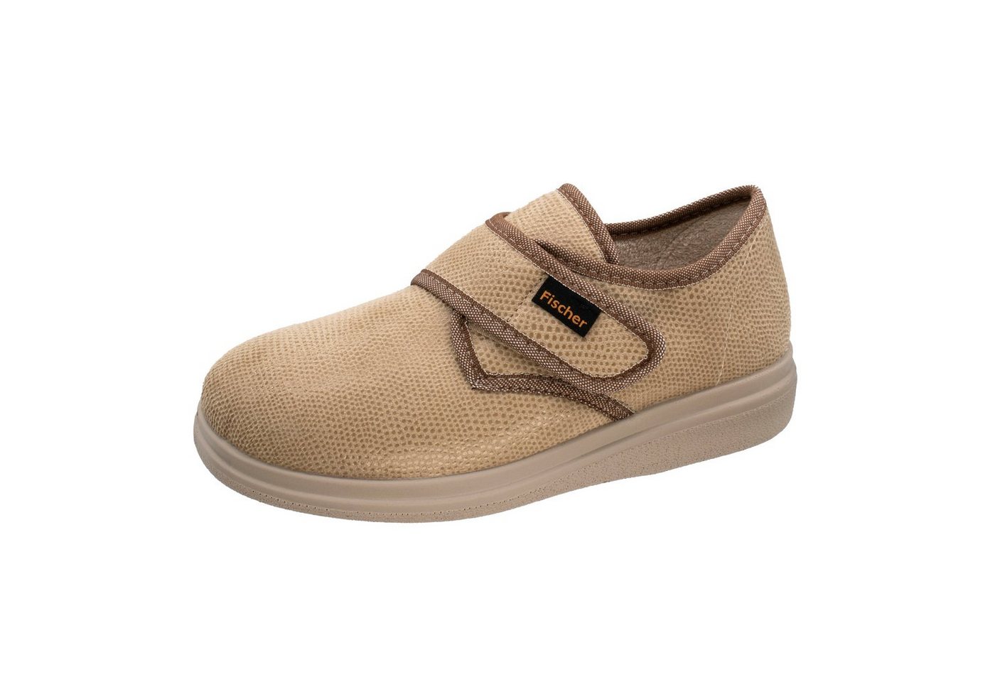 Fischer-Markenschuh Ortho Hausschuh mit Klettverschluss, Weite K, Frotteefutter, Reptilstretch (beige)