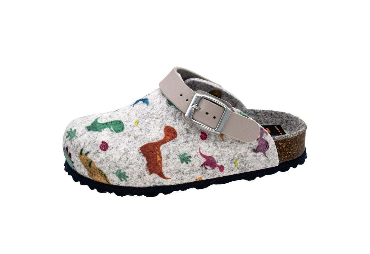 Fischer-Markenschuh Shetland Pantoffel aus Filz, mit Dino´s bedruckt, Filzfutter, Riemen nach hinten klappbar