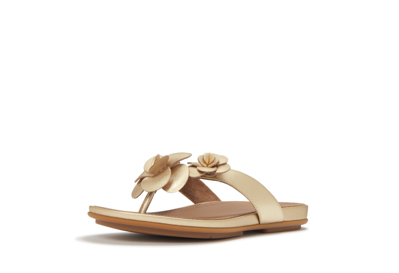 FitFlop GRACIE FLOWER LEATHER FLIP-FLOPS Dianette Zehentrenner, Sommerschuh mit auffälliger Blüte (platino)