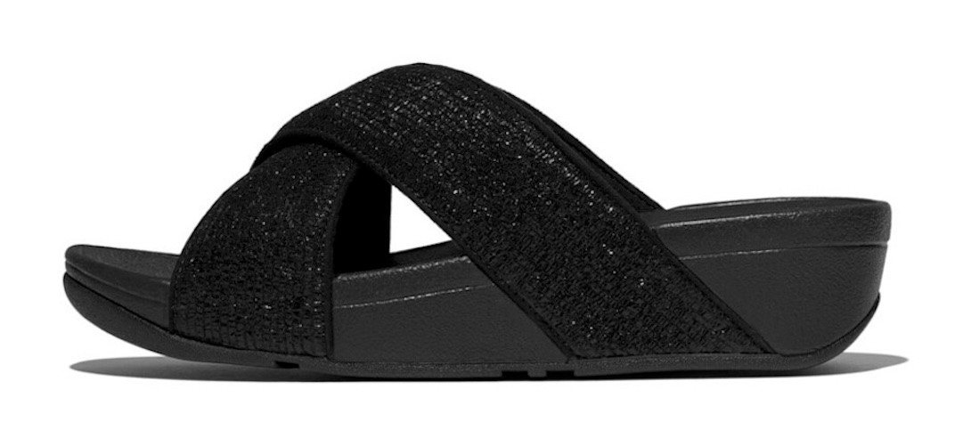 FitFlop LULU CRINKLED SHIMMER Pantolette Slides, Badeschuh, Abendmode mit Glitter (schwarz)