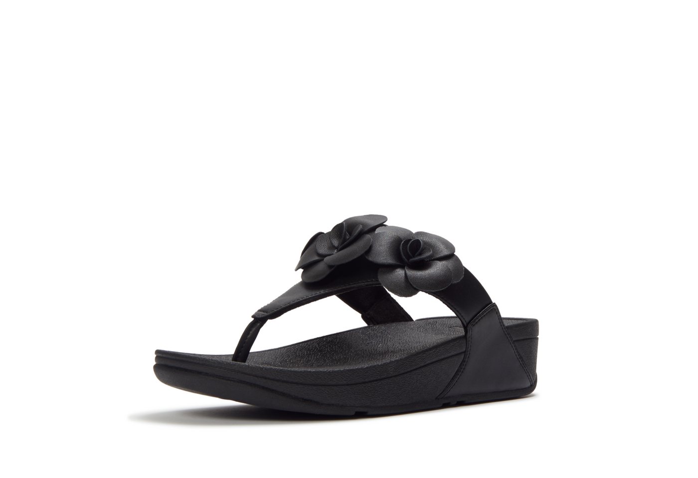 FitFlop LULU FLOWER TOE-POST SANDALS Dianette Keilabsatz, Zehentrenner, Sommerschuh mit modischer Blütenverzierung (schwarz)
