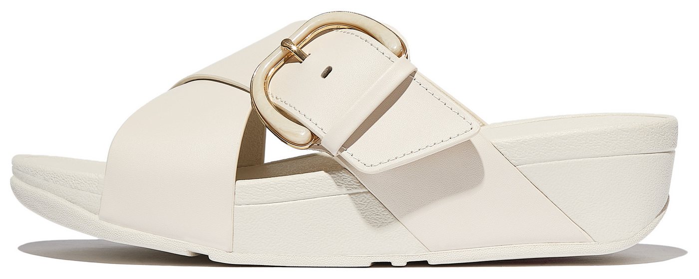 FitFlop LULU RESIN-BUCKLE LEATHER CROSS SLIDES Pantolette Plateauschuh, Sandale in schmaler Form