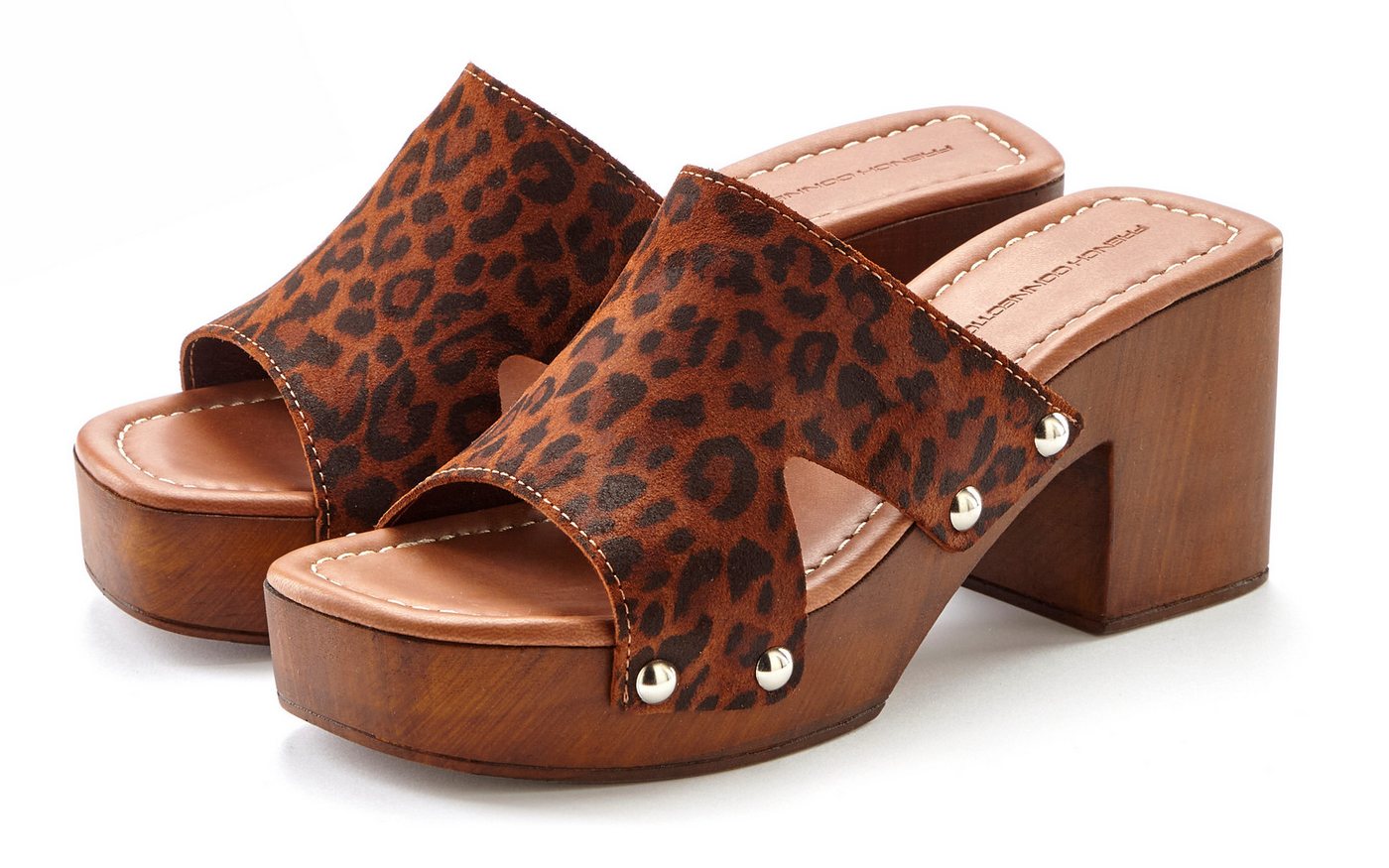French Connection Mule, Sandale, offener Schuh, Sommerschuhe, Lederpantolette Pantolette aus Leder mit Blockabsatz und Plateausohle