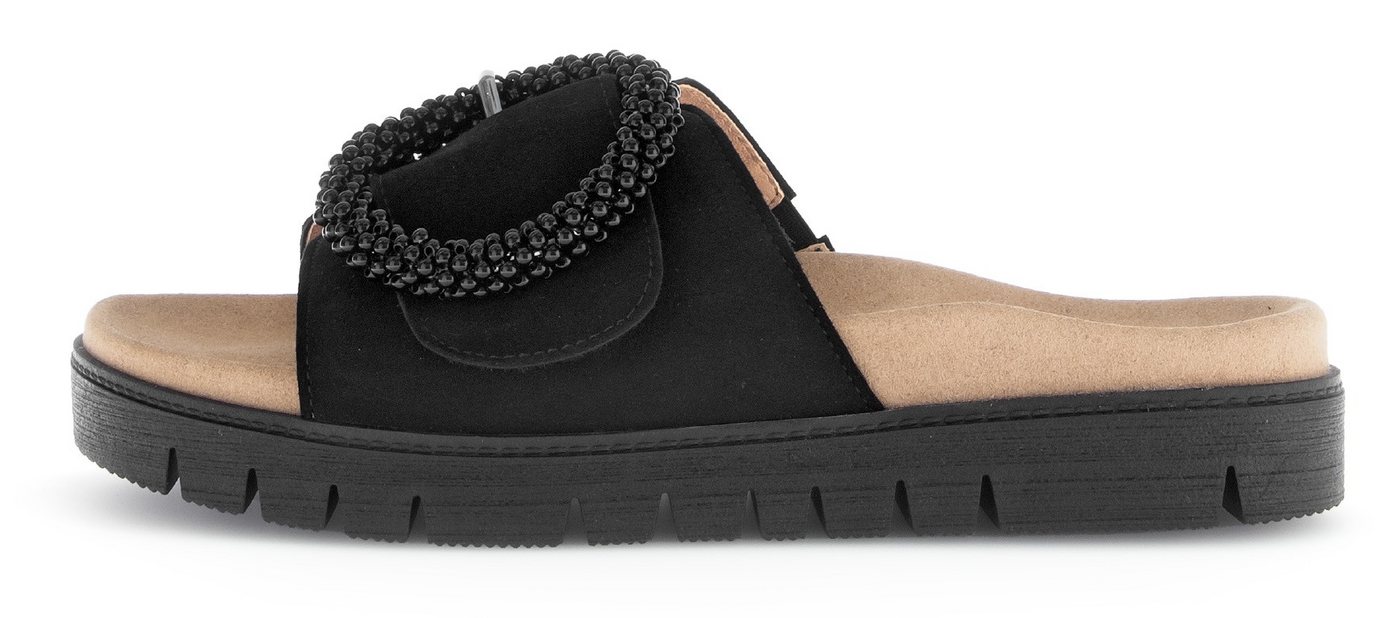 Gabor Pantolette, Plateau, Sommerschuh, Schlappen mit Zierperlen an der Zierschnalle (schwarz)