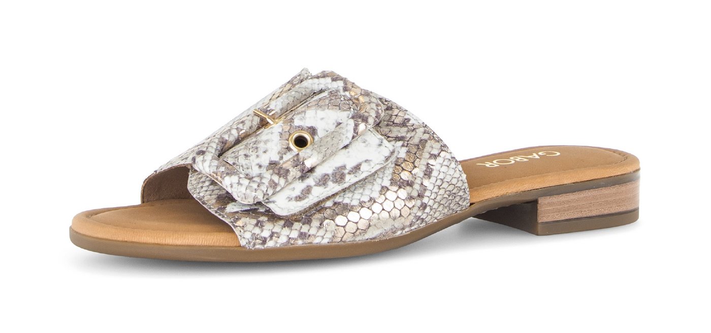 Gabor Rhodos Pantolette Blockabsatz, Sommerschuh, Schupfschuh in Weite G (weit) (gold/grau/grün)
