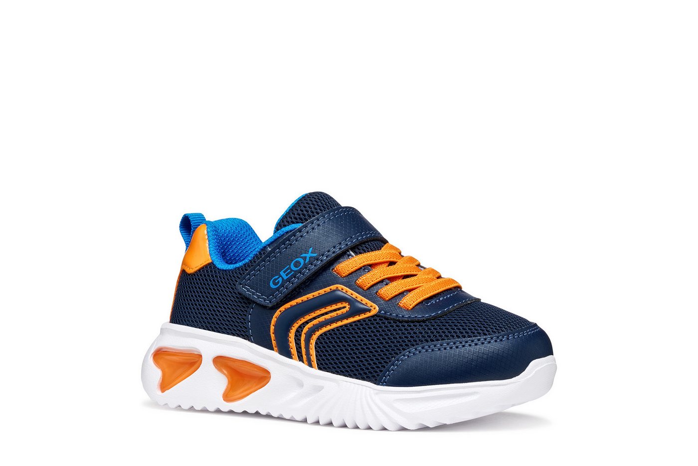 Geox J ASSISTER BOY Sneaker Klettschuh mit Blinkfunktion, Größenschablone zum Download (blau/orange)