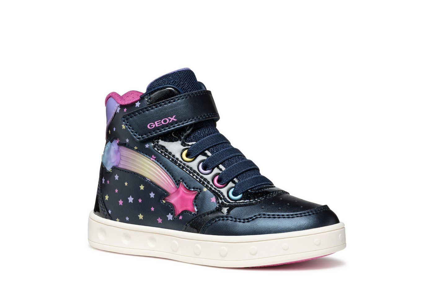 Geox J SKYLIN GIRL Blinkschuh Sneaker Schnürboots, Blinkschuh mit Glitzer und Blinkfunktion (blau)