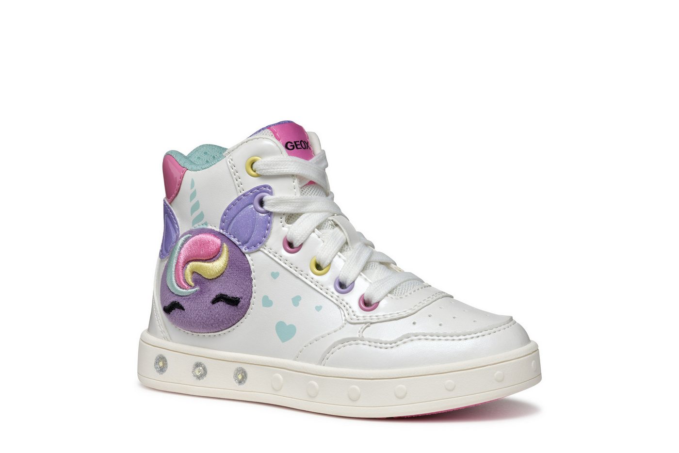 Geox J SKYLIN GIRL Blinkschuh Sneaker Schnürboots, Blinkschuh mit Glitzer und Blinkfunktion (bunt/weiß)