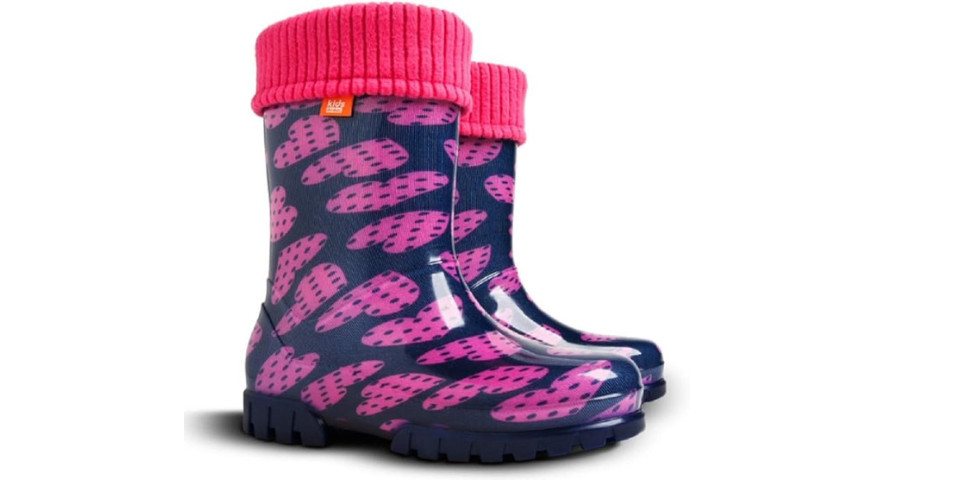 GOLDKIDS Demar LUX Gummistiefel (Regenstiefel, Kinderstiefel gefüttert) mit Innensocken Mädchen Jungen (Große Herzen)