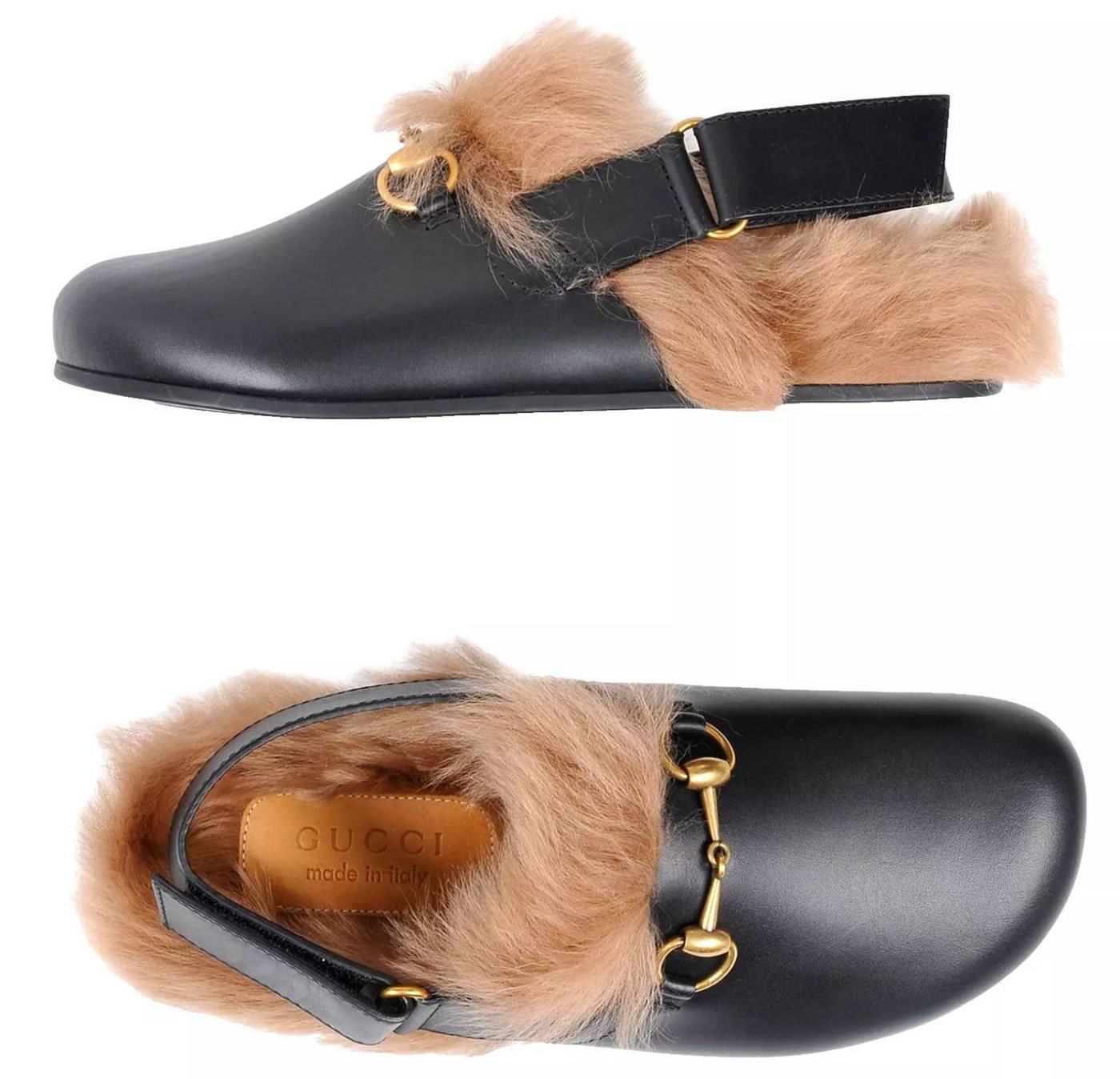 Gucci Lammfell Princetown Sandalen mit Horsebit Unisex Clog Antikes goldfarbenes Horsebit-Metall,Klettverschluss-Riemen