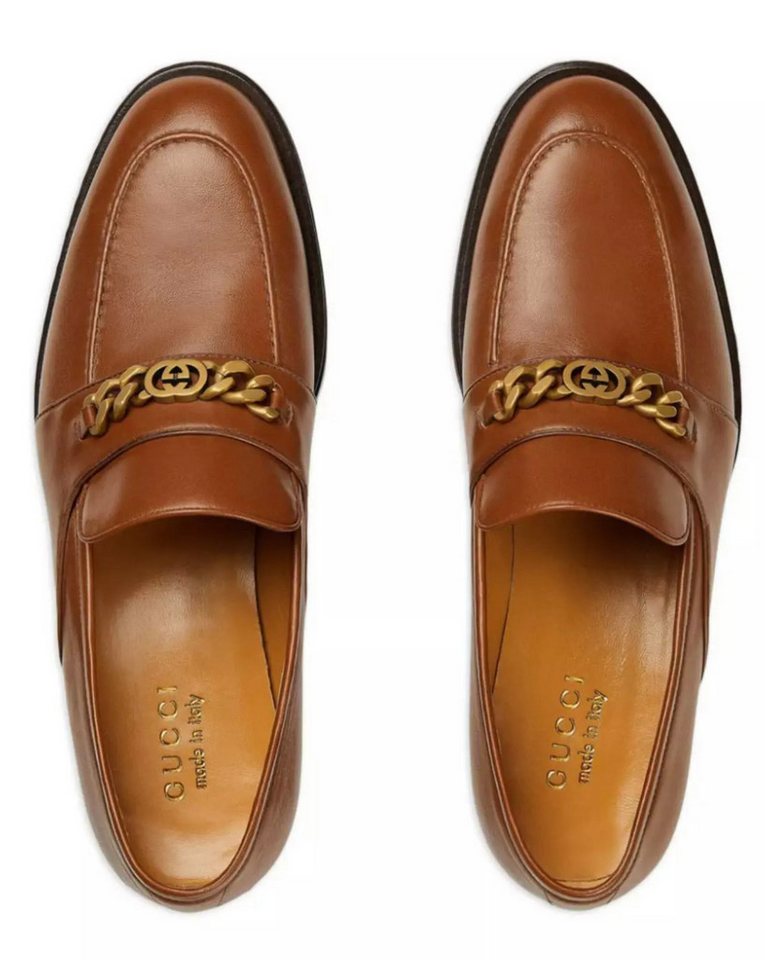 Gucci Slip-On Chain Mokassins Loafer Goldfarbene Kette mit Mini-Interlocking G-Logo