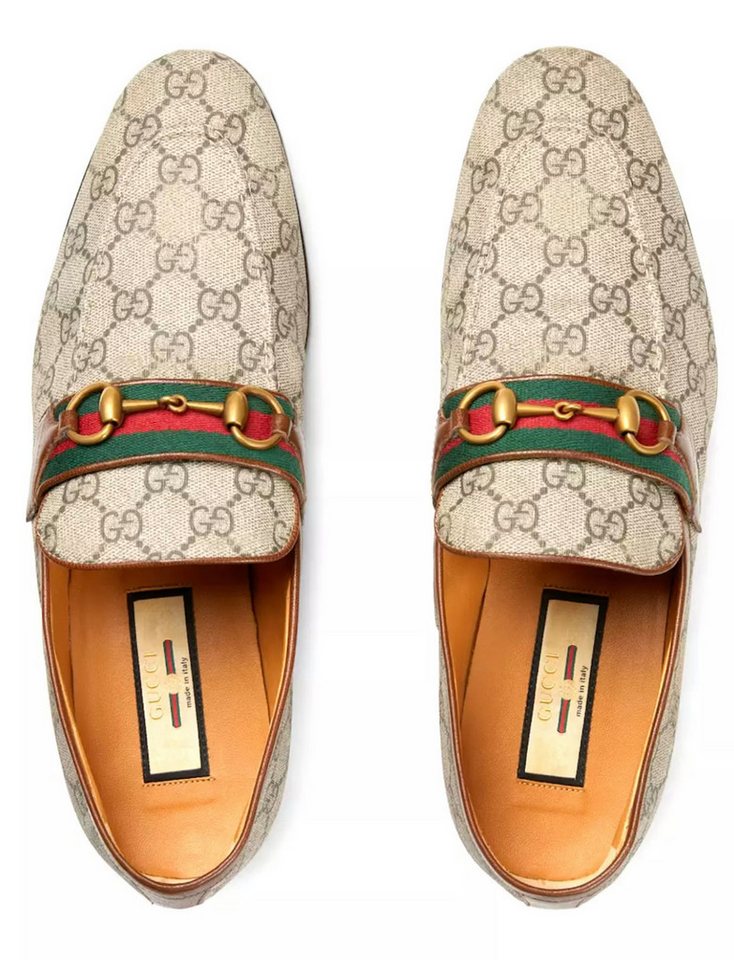 Gucci Web Monogram Horsebit Paride Slippers Loafer GG Supreme-Canvas, antike Goldverzierungen, Vintage-Verfahren